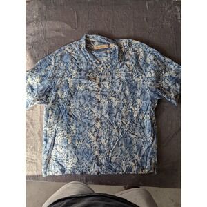 Tommy Bahama Mens XL Blue Tropical Leaf Print 100% Linen Short Sleeve Camp Shirt